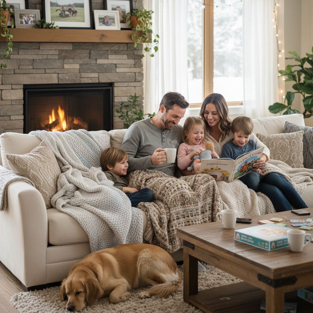 Happy family enjoying their cozy living room in a protected home